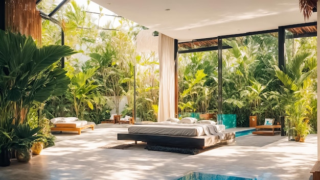Bedroom with pool tropical plants