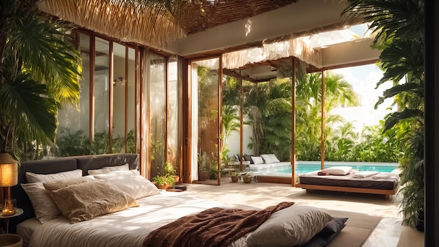 Bedroom with pool tropical plants