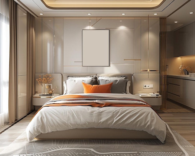 Foto la camera da letto con un poster mockup sulla parete in stile grigio chiaro e beige chiaro