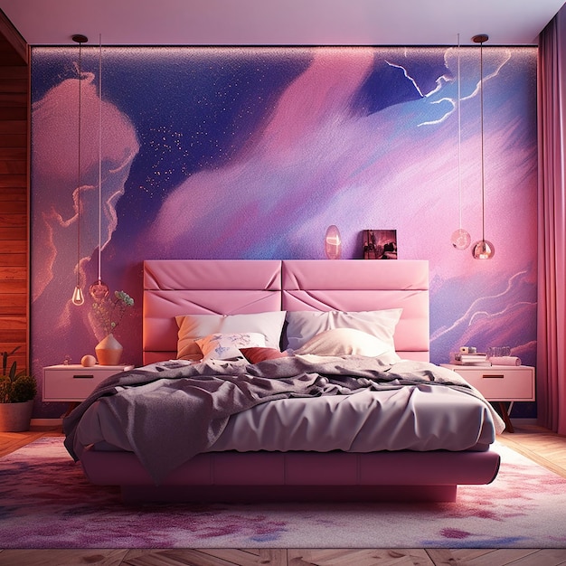 A bedroom with a purple wall and a purple wall with a painting of a sky and a purple wall.