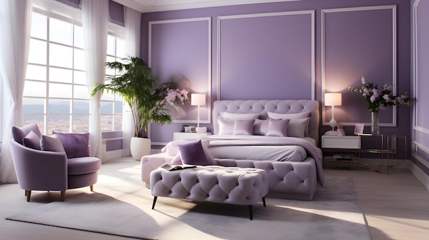 紫の壁と白いベッドのある寝室ボヘミアンインテリアラベンダー色のマスターベッドルーム