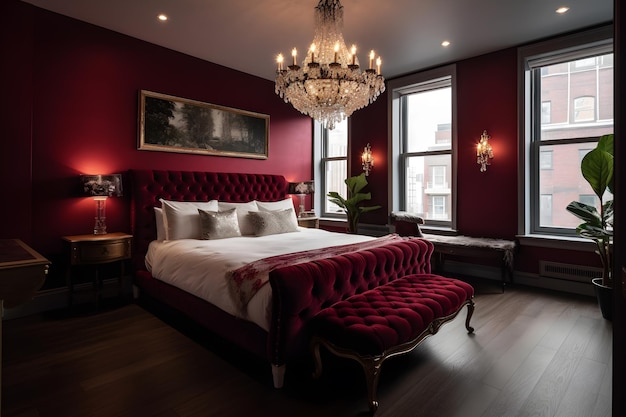 A bedroom with a red wall and a chandelier that says'the room is red '