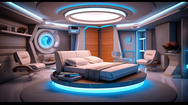 A bedroom with a round bed that says'space'on it