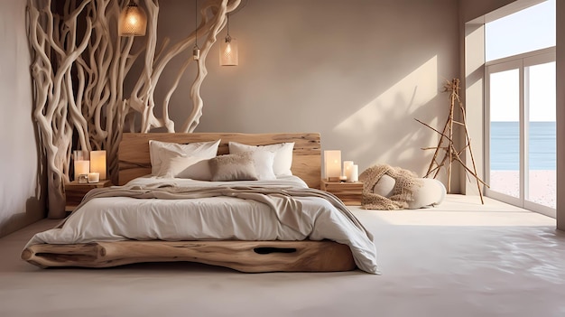 砂色の壁のある寝室