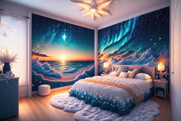 A bedroom with a sea view and a bed with a starfish on it.