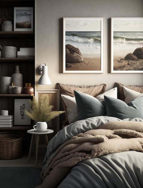 Photo a bedroom with a shelf that says beach scene on it.