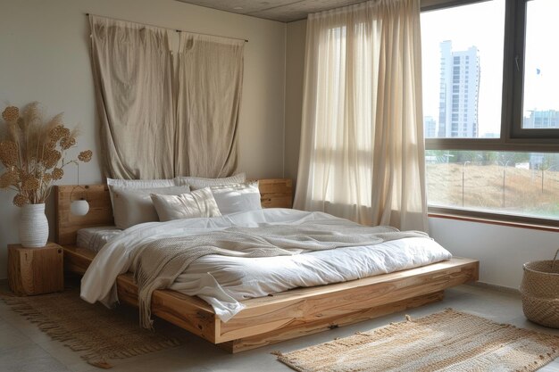 Photo bedroom with simple decor and wooden elements simple decor wooden bed frame and neutral bedding clean uncluttered space