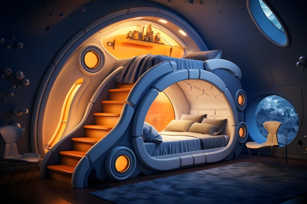 a bedroom with a spaceship inspired bunk bed and cosmic wall