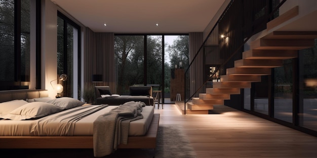 A bedroom with a staircase and a bed with a blanket on it