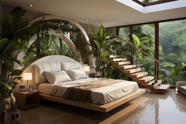 a bedroom with a staircase and a bed