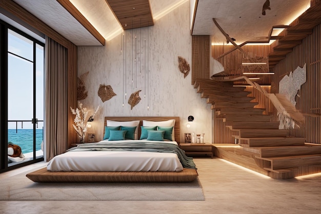 A bedroom with a staircase and stairs leading to the second floor.
