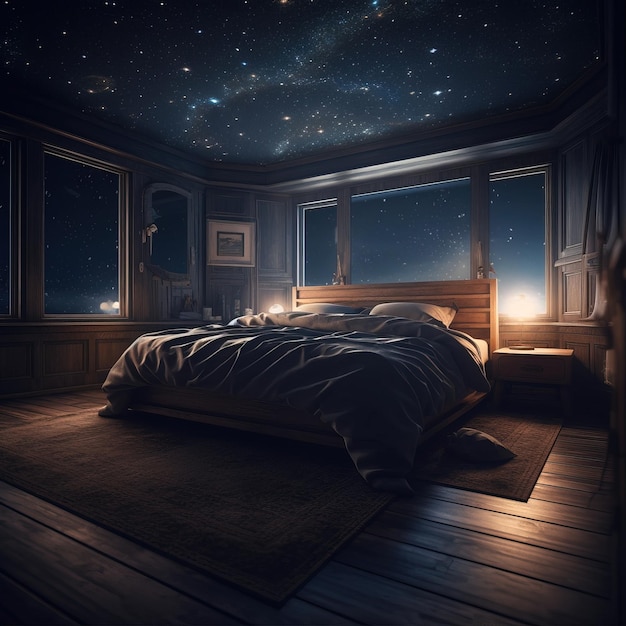 별이 빛나는 하늘이 있는 침실과 침대가 있는 침대.
