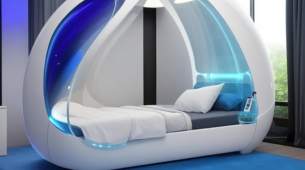 A bedroom with a stateoftheart lucid dream pod that assists users in achieving lucid dreams enhancing the quality of sleep and dream experiences