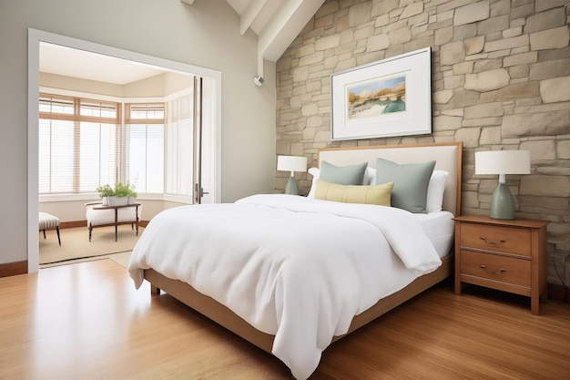 Bedroom with stone wall white linens