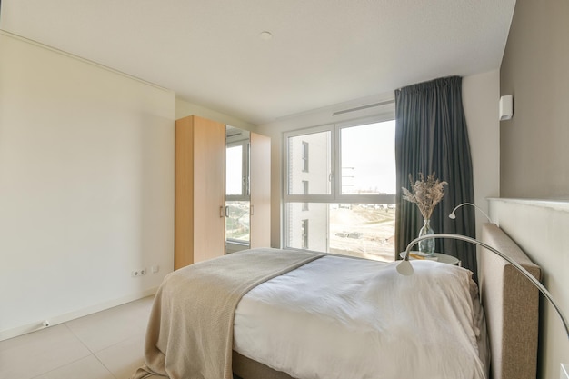 Bedroom with stylish decorations and bed