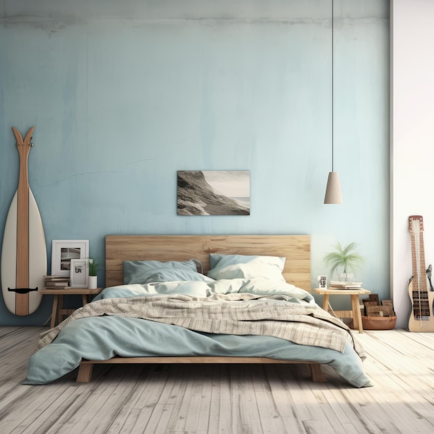 a bedroom with a surfboard and a table