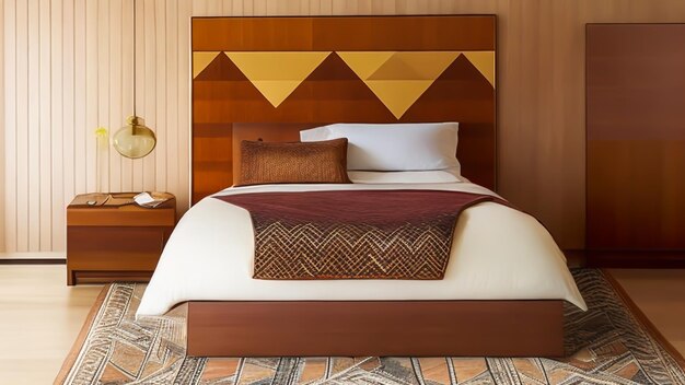 a bedroom with a teak wood bed frame