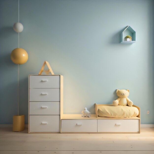 Photo a bedroom with a teddy bear and a toy house on the wall.