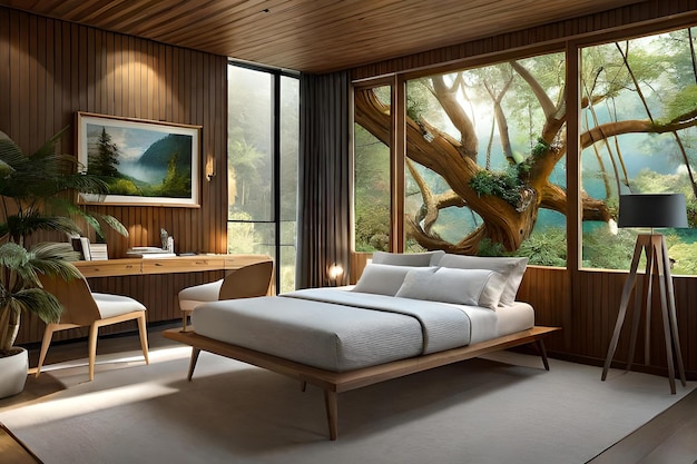 A bedroom with a tree and a bed with a white comforter