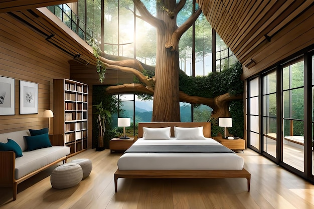 A bedroom with a tree and a bookcase.