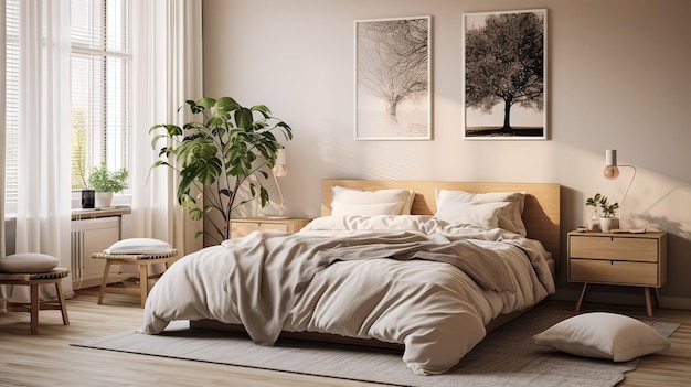 a bedroom with a tree and a painting on the wall