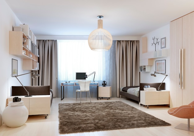 Bedroom with two single beds in modern design.