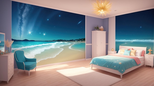 A bedroom with a view of the beach and the night sky