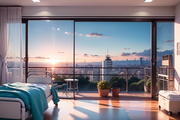 A bedroom with a view of a city and a bed with a blue blanket.