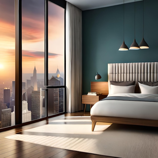 A bedroom with a view of the city and the city.