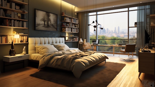 A bedroom with a view of a city and a city.