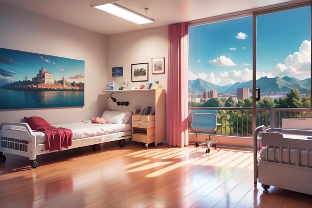 A bedroom with a view of the city and the mountains