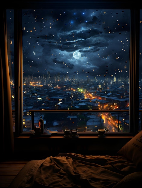 Photo a bedroom with a view of a city at night window view from open window