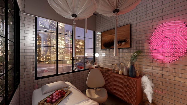 A bedroom with a view of the city at night.