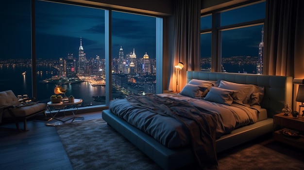 Спальня с видом на ночной город