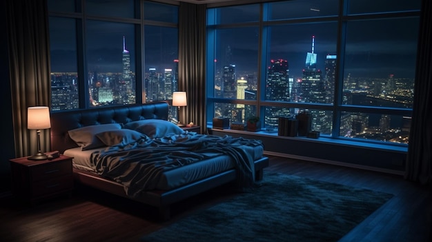 Спальня с видом на ночной город
