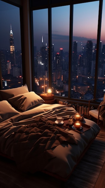 도시의 밤이 보이는 침실.