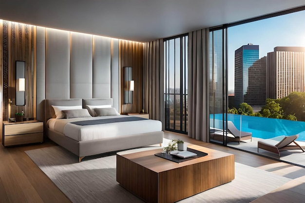 A bedroom with a view of the city skyline.