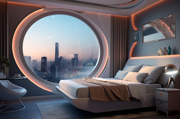 A bedroom with a view of the city skyline.