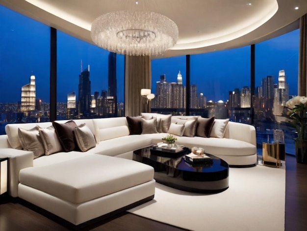 Photo a bedroom with a view of the city skyline