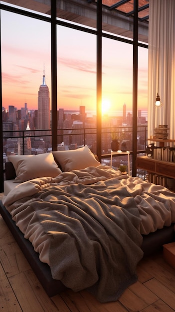 A bedroom with a view of the city skyline.