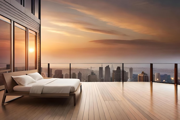 A bedroom with a view of a city at sunset