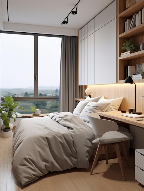 a bedroom with a view of the city through the window