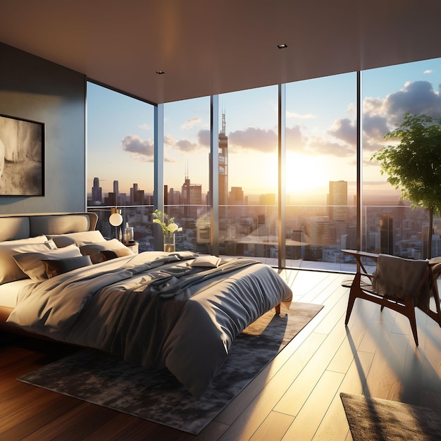 a bedroom with a view of the city