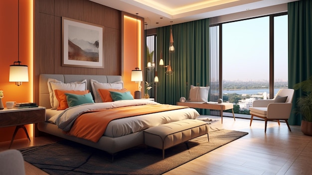 A bedroom with a view of the city.