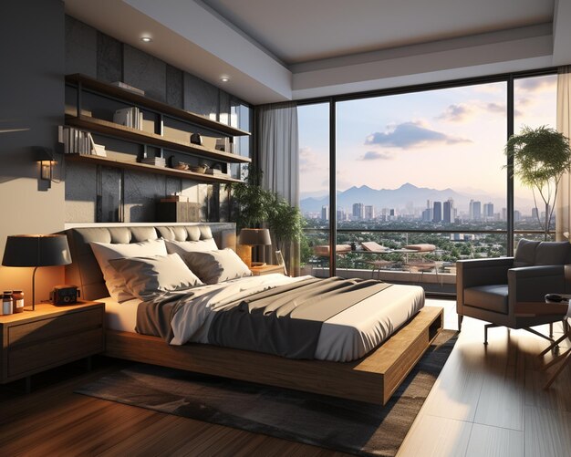 A bedroom with a view of the city