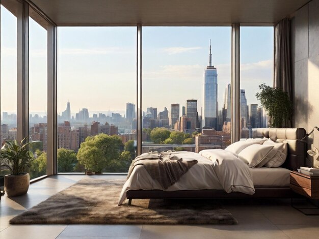 a bedroom with a view of a cityscape abustracle asthetic