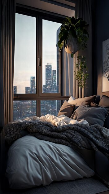 A bedroom with a view of a cityscape in the background.