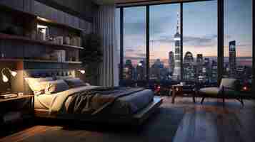 Photo a bedroom with a view of a cityscape