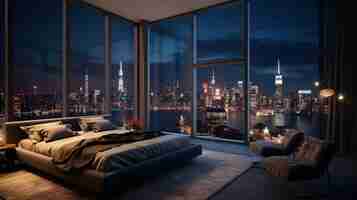 Photo a bedroom with a view of a cityscape