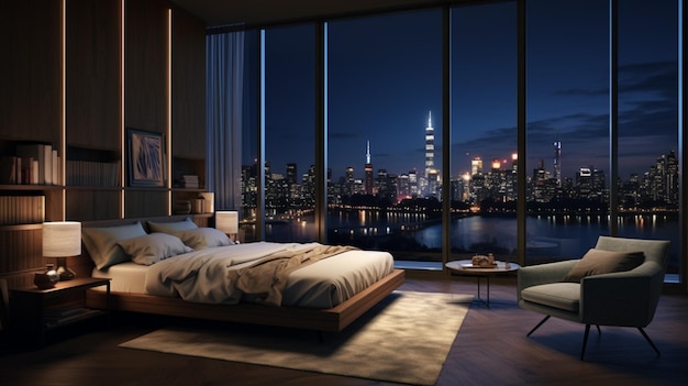 Photo a bedroom with a view of a cityscape